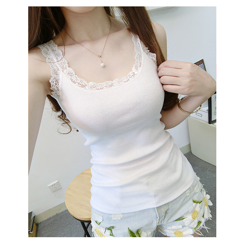 Suspender Tank Top - 여성 여름 솔리드 레이스 캐미솔 O넥