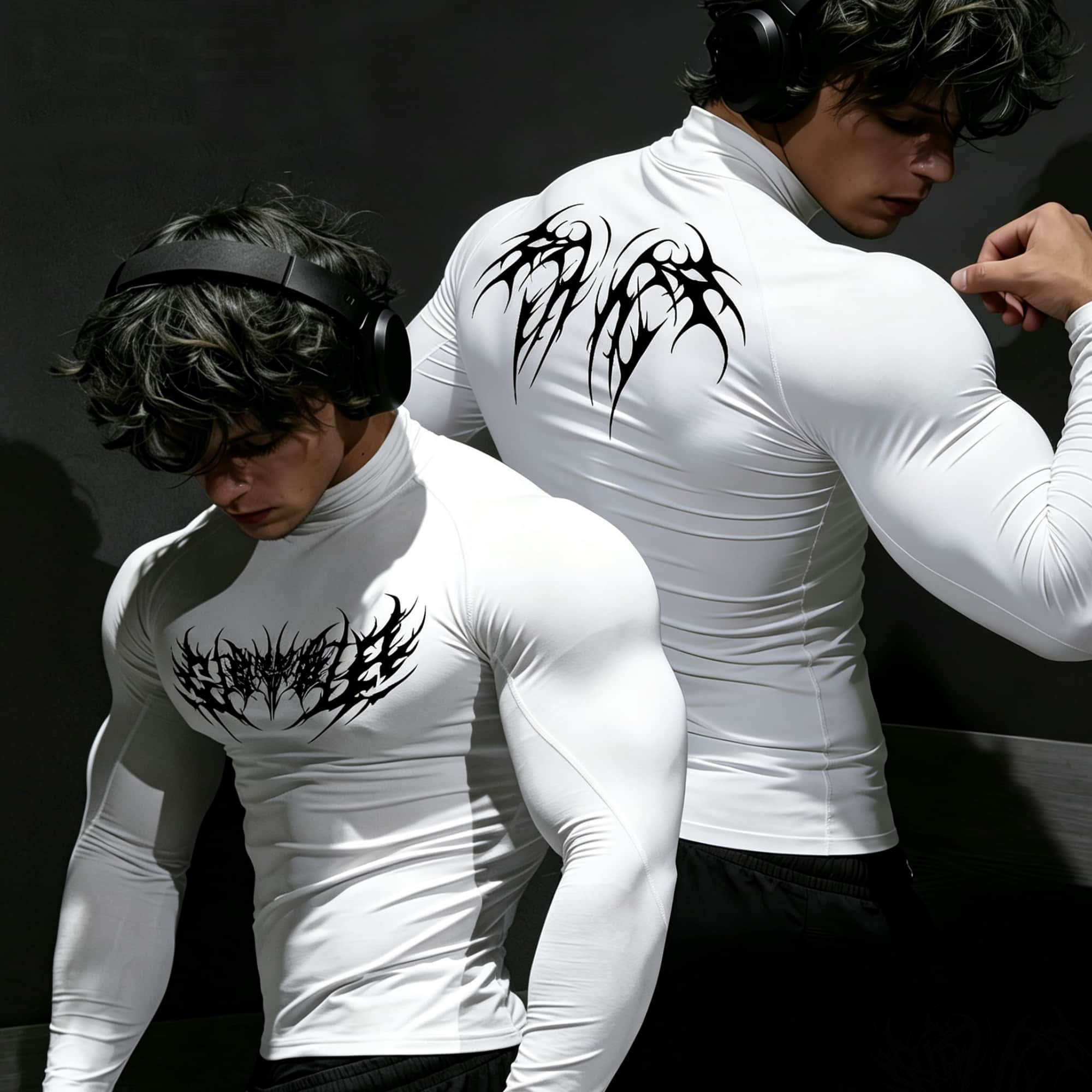 펑크 다크 추상적인 가시 무늬 양면 프린트 터틀넥 슬림 - Base Layer Top 리뷰 및 가격
